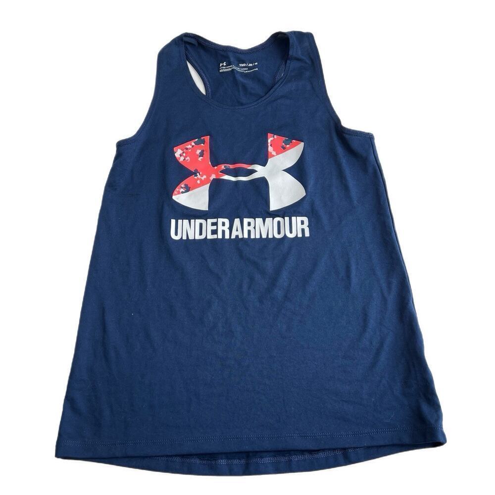 Under Armour Girls Youth Tank Top Blue Heatgear Size YM Medium back Racerback